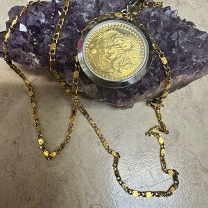 Dragon 24k gold foil Pendant & Gold plated 925 silver Necklace Set